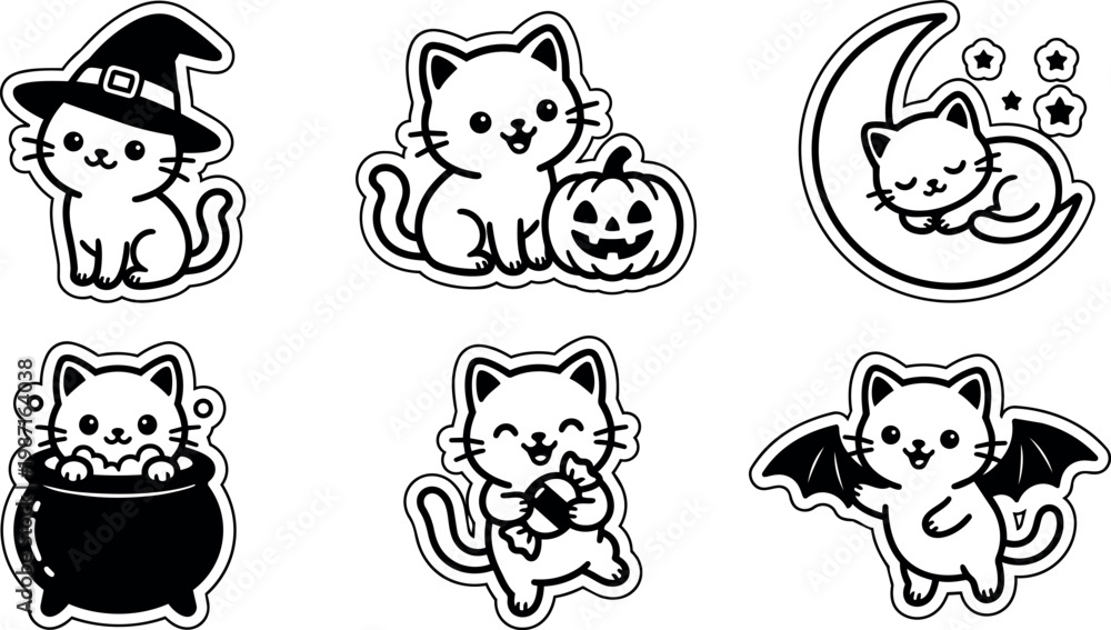 Obraz premium Black and white halloween cats with pumpkin witch hat and bat wings vector art