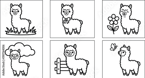 Cute line art close up of smiling alpaca standing with bow and flower farm elements coloring book page set simple black and white playful friendly