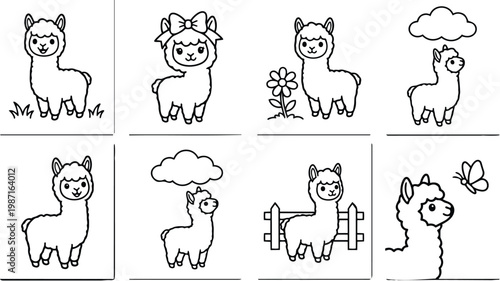 Cute alpaca coloring book pages set with bow close up front view side profile flower cloud fence butterfly smiling standing simple line art for coloring books