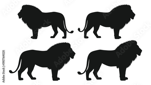 Four black silhouettes of majestic lions in different poses are displayed