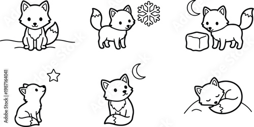 Cute line art fox characters in multiple poses sitting standing looking at moon sleeping curled playing simple outlines for coloring book pages and childrens activity sets