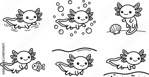 Cute axolotl coloring book vector art six playful poses smiling swimming with bubbles shell fish underwater line art simple strokes for kids coloring pages hand drawn