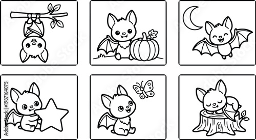 Vector line art panels with six cute baby bats in different poses holding pumpkin star butterfly and sleeping on stump coloring book pages for children printable