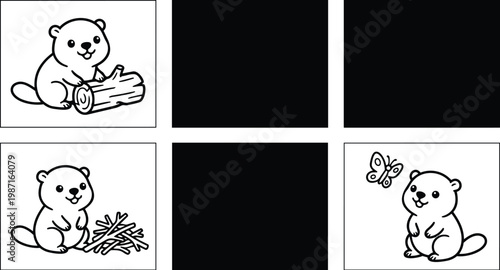 Cute beaver coloring book vector art six panel close up scenes with log river leaf twigs cloud butterfly simple line art smiling front facing for kids