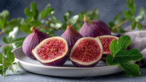 Fresh figs displaying rich red pulp on a plate with green leaves, healthy organic food diet a for balanced