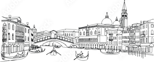 Continuous single line drawing of Venice skyline, Italy canal city landmark outline