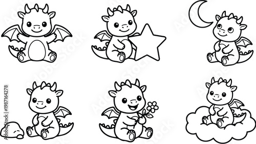 Cute line art vector baby dragon set of six playful coloring book pages with stars moon cloud flower sitting close up front view cheerful simple outlines