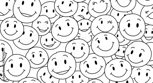 Smiling faces crowd together in a lively illustration with various expressions and emotions.