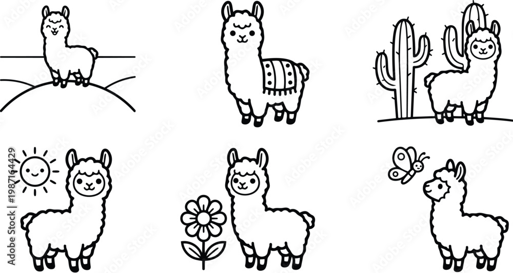 Obraz premium Minimalist vector coloring book page set six cute llama and alpaca line art scenes with cactus flower sun butterfly smiling characters simple outlines for kids animals