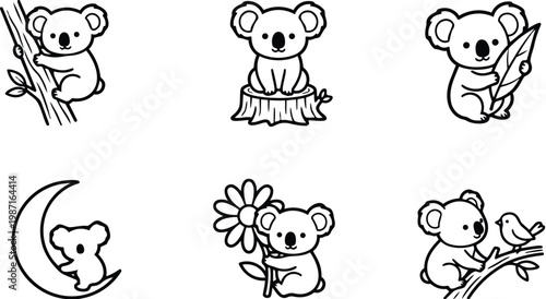 Line art vector set of six cute koala characters sitting climbing holding leaf on stump moon and flower with bird playful simple outlines for coloring books