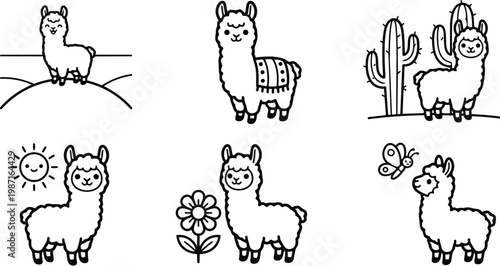 Minimalist vector coloring book page set six cute llama and alpaca line art scenes with cactus flower sun butterfly smiling characters simple outlines for kids animals