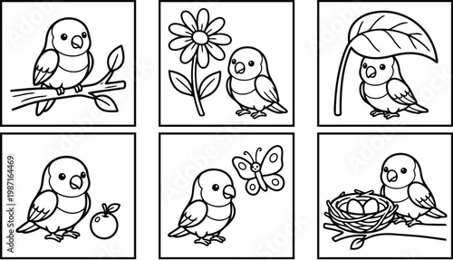 Cute vector coloring book page set six panels baby parrot scenes close up branch flower leaf fruit butterfly nest feeding looking at viewer friendly line art