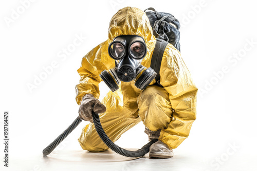 A man in a protective suit kneels on a white surface. He holds an insect control device for pest management in a residential or food production setting