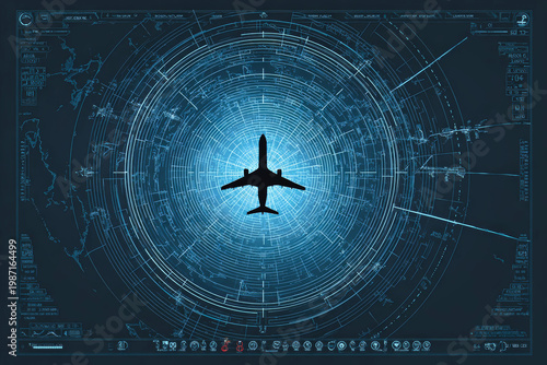 Air traffic controller observes multiple flight routes and data points on a radar display in a busy control tower during a busy time of day