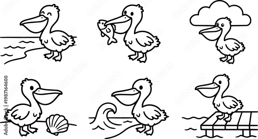 Obraz premium Vector art cute pelican characters in six coastal scenes line drawings for coloring book with beach shell fish wave pier cloud smiling pose front view simple