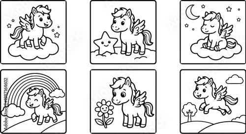 Playful line art vector set of six winged pony scenes for coloring book single line panels close up and full body poses smiling looking forward peaceful