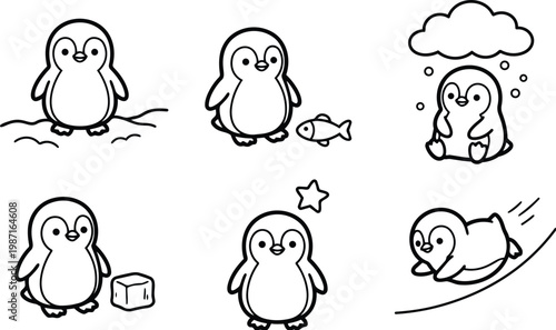 Vector coloring book penguin set six cute penguins in different poses sliding sitting holding fish ice cube star simple outline for children coloring pages activity fun