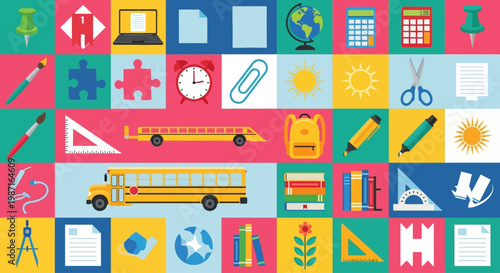 Vibrant educational icons fill a colorful collage on a digital hgfjd ai