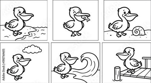 Cute line art pelican character in six panel comic style beach scenes for coloring book pages close up smiling holding fish shell dock wave calm mood
