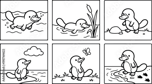 Line art coloring book style close up platypus character swimming and walking six panel layout simple outlines for kids playful educational activity sheet cute friendly animals