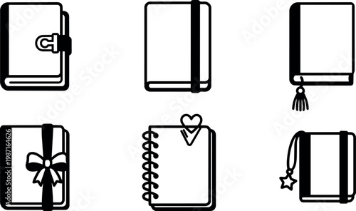 Black and white flat design icons of six different notebooks with decorative bookmarks
