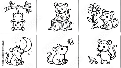 Cute vector coloring book pages set baby mice in different poses hanging sitting smelling flower looking at moon with bold outlines for coloring book use