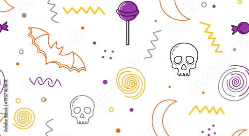Halloween decorations with skulls, candies, and bats scattered on a surface with colorful patterns and shapes.
