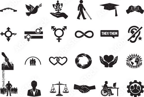 Diversity inclusion icon set vector illustrations for workplace, community, unity, people, abilities, gender.