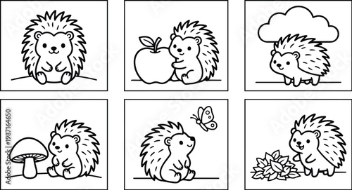 Cute vector coloring book page set of six hedgehog scenes close up holding apple mushroom cloud butterfly leaves simple line art for kids playful friendly outline