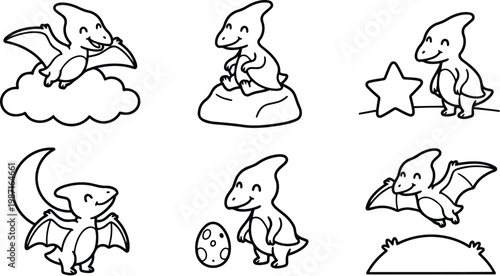 Cute baby pterodactyl character set in simple line art for coloring book six poses including flying on cloud sitting on rock holding star next to egg