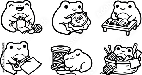 Cute black and white frog knitting embroidery writing and cutting paper vector art