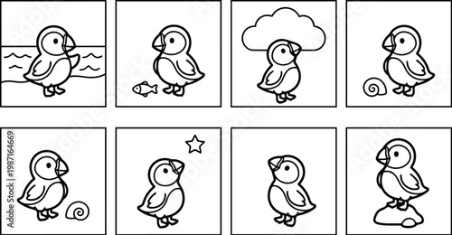 Flat line vector art close up baby puffin panels set with simple beach shell fish cloud star scenes for childrens coloring book pages square bold outlines