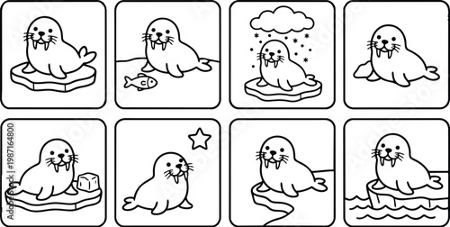 Cute line art walrus on ice floe multiple poses square frames simple outlines coloring book pages for children activity calm playful black and white easy trace