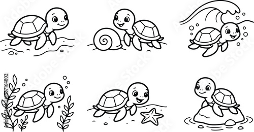 Cute vector coloring book page sea turtle scenes six outlines close up smiling turtle on rock swimming with starfish and seaweed simple line art for kids