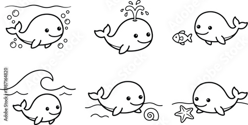 Cute line art vector sea whales set with simple outlines smiling characters large shapes for coloring book pages kids activity sheets thick bold friendly black white