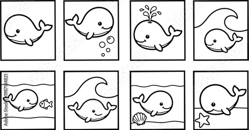Vector art cute whale panels for children coloring book pages eight square frames simple outlines smiling whale various ocean scenes close up side view playful design