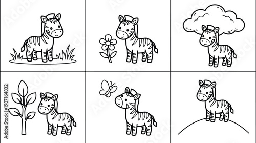Cute zebra coloring book page set six panels simple outlined animal smiling looking forward with flower butterfly cloud grass close up head angle friendly vector art
