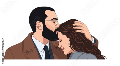 A man gently touches a woman's hair as they share a tender moment indoors.