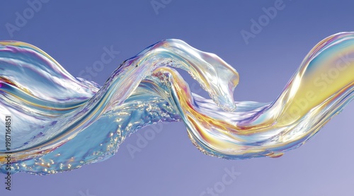 Abstract iridescent flowing fabric with shimmering light particles against a smooth pastel blue background creating a sense of ethereal movement and elegance