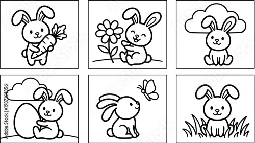 Coloring book vector art six panel cute bunny characters holding carrot flower and egg easter sitting and looking at viewer in simple outline style for kids