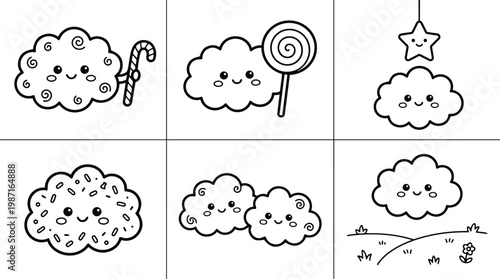 Cute cloud characters holding lollipop candy star and landscape scenes in simple line art vector style for coloring book smiling happy faces kids nursery printable activity