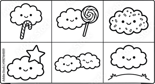 Cute kawaii cloud characters in six panel grid holding candy and star simple outlines for coloring book pages close up front view playful line art designs