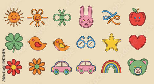 Colorful stickers of various objects like animals and symbols are scattered on a surface.
