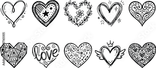 Hand drawn doodle heart set close up twelve decorative heart outlines for coloring books with floral geometric sketch style fun playful line art designs simple bold