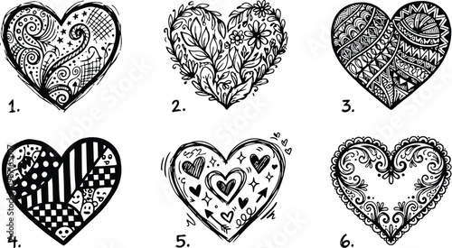 Hand drawn zentangle heart set six detailed doodle hearts for coloring book valentines day floral mandala decorative line art pages close up ink sketch lace borders