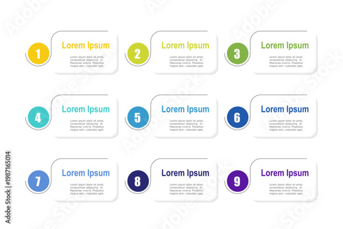 infographic elements template, business concept with 9 steps, rectangle  shapes design with multi color label for workflow layout, diagram, annual report, web design.Creative banner, label, vector