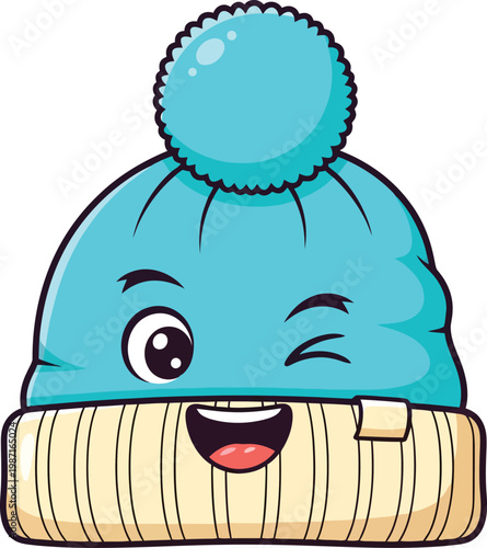 Cute cartoon winter beanie character, blue knitted hat with winking face, funny pom-pom cap mascot vector, isolated seasonal headwear illustration