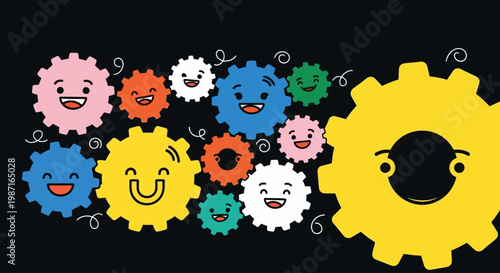 A group of colorful gear icons with smiling faces interact on a dark background