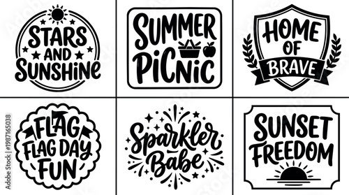Black and white patriotic summer lettering stars and sunshine sparklers home of brave