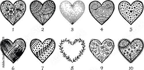 Black and white hand drawn heart designs set for coloring book page valentines day ornate doodle hearts with varied patterns close up flat vector art outline